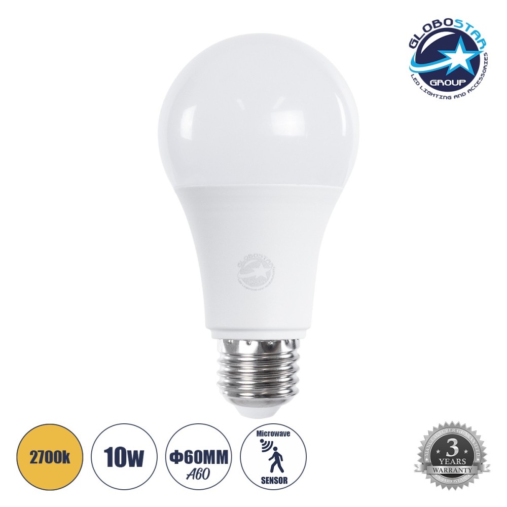 GLOBOSTAR® GLOBE 60056 Λάμπα E27 A60 με Αισθητήρα Κίνησης Microwave LED 10W 940lm 260° AC 220-240V IP20 Θερμό Λευκό 2700K - Lumileds SMD Chip - Λευκό Γαλακτερό - Μ6 x Π6 x Υ11cm - 3 Χρόνια Εγγύηση
